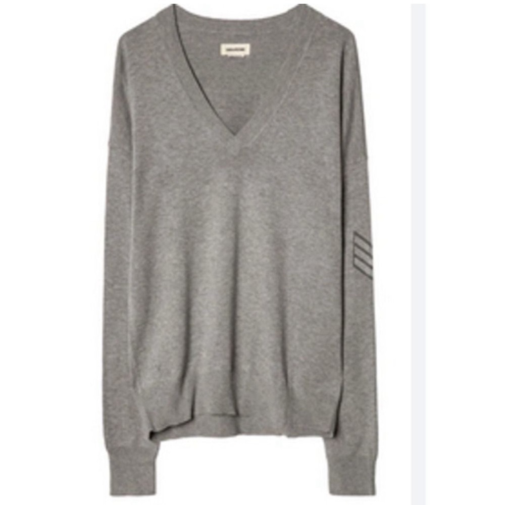 ZADIG & VOLTAIRE Happy Army Studded Elbow Patch Gray V-Neck Sweater XS
